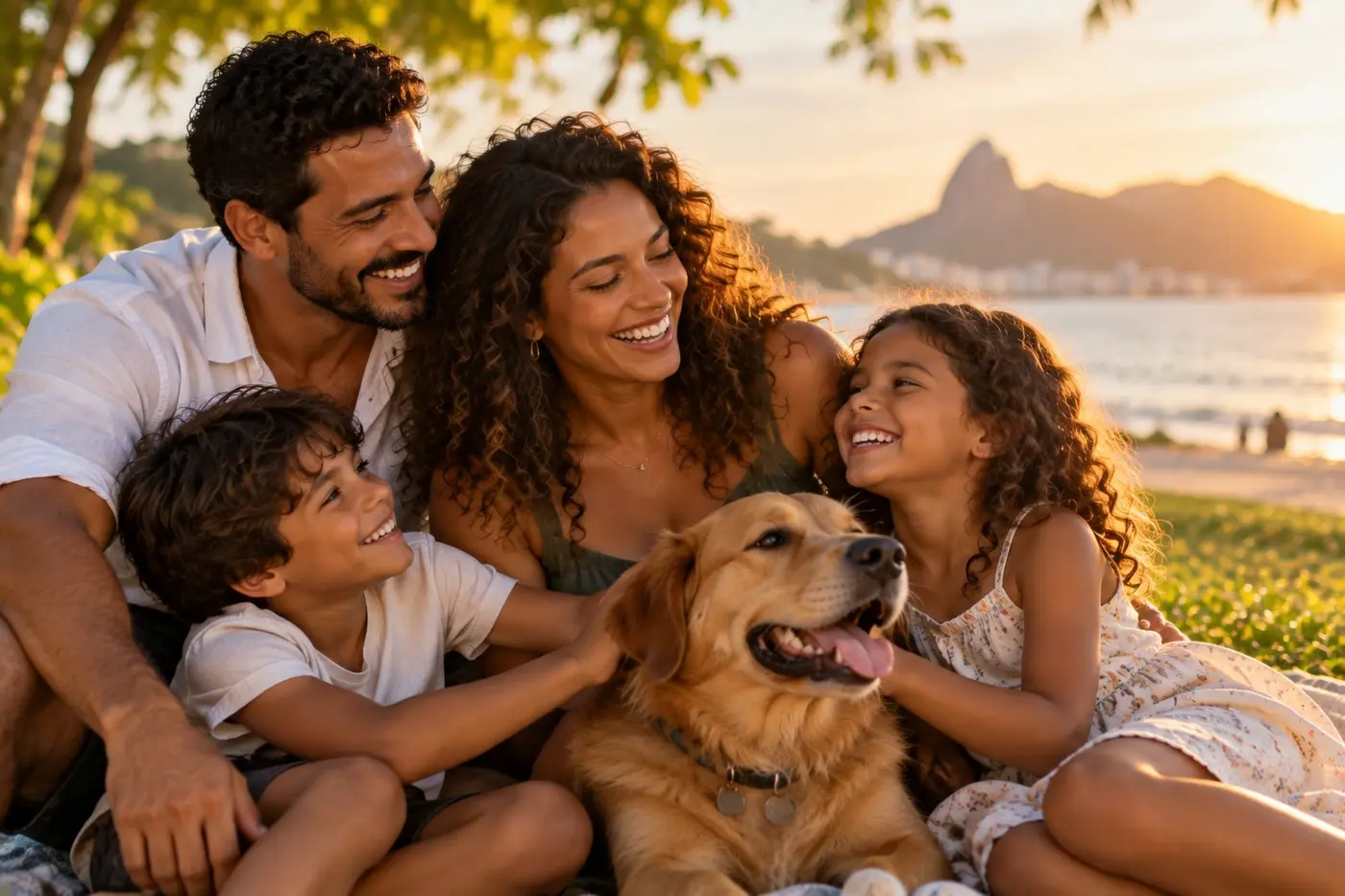 Família sorrindo abraçada com o cachorro num fim de tarde na praia, com o Pão de Açúcar ao fundo