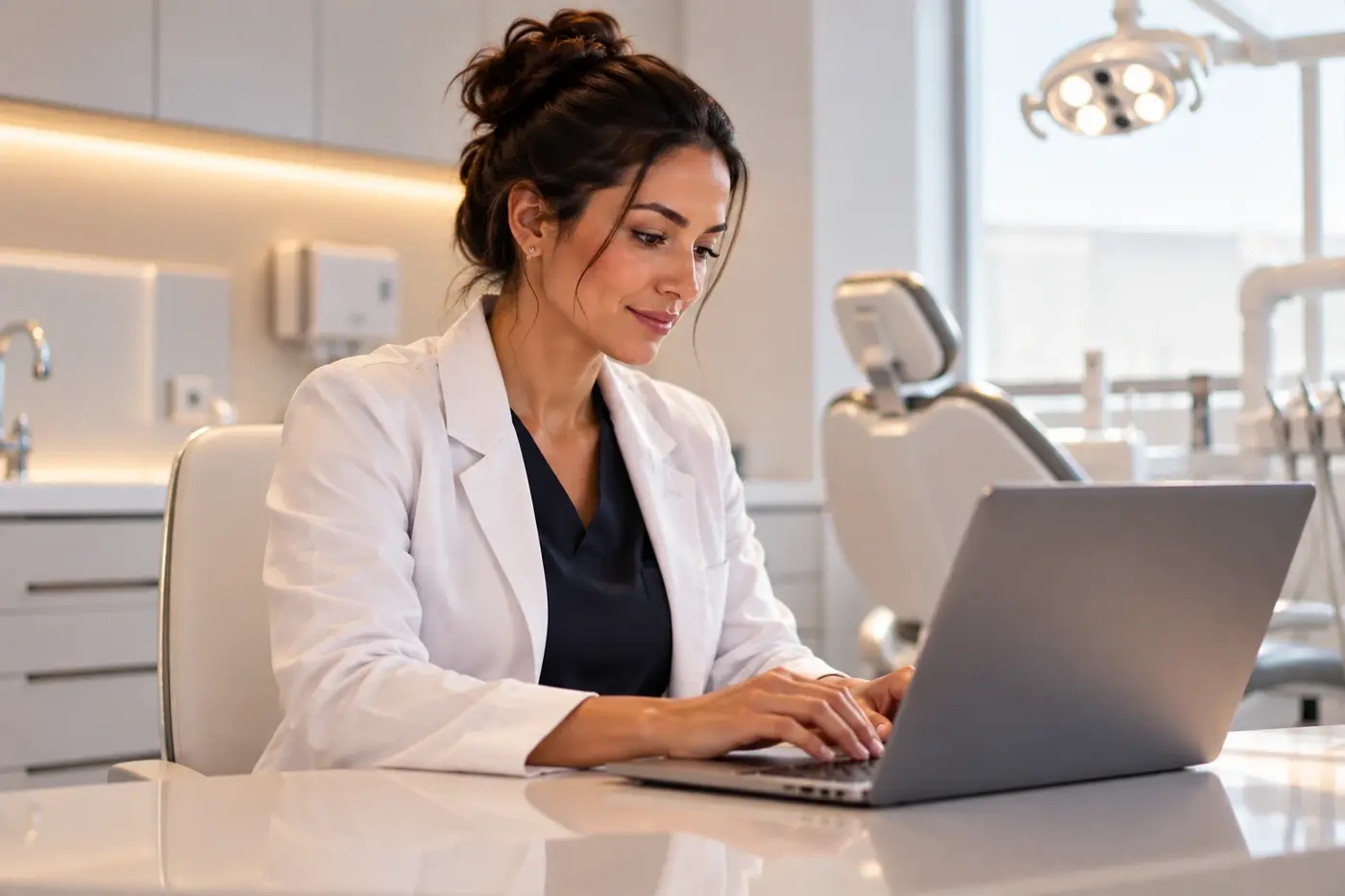 Dentista de jaleco trabalhando no notebook no consultório